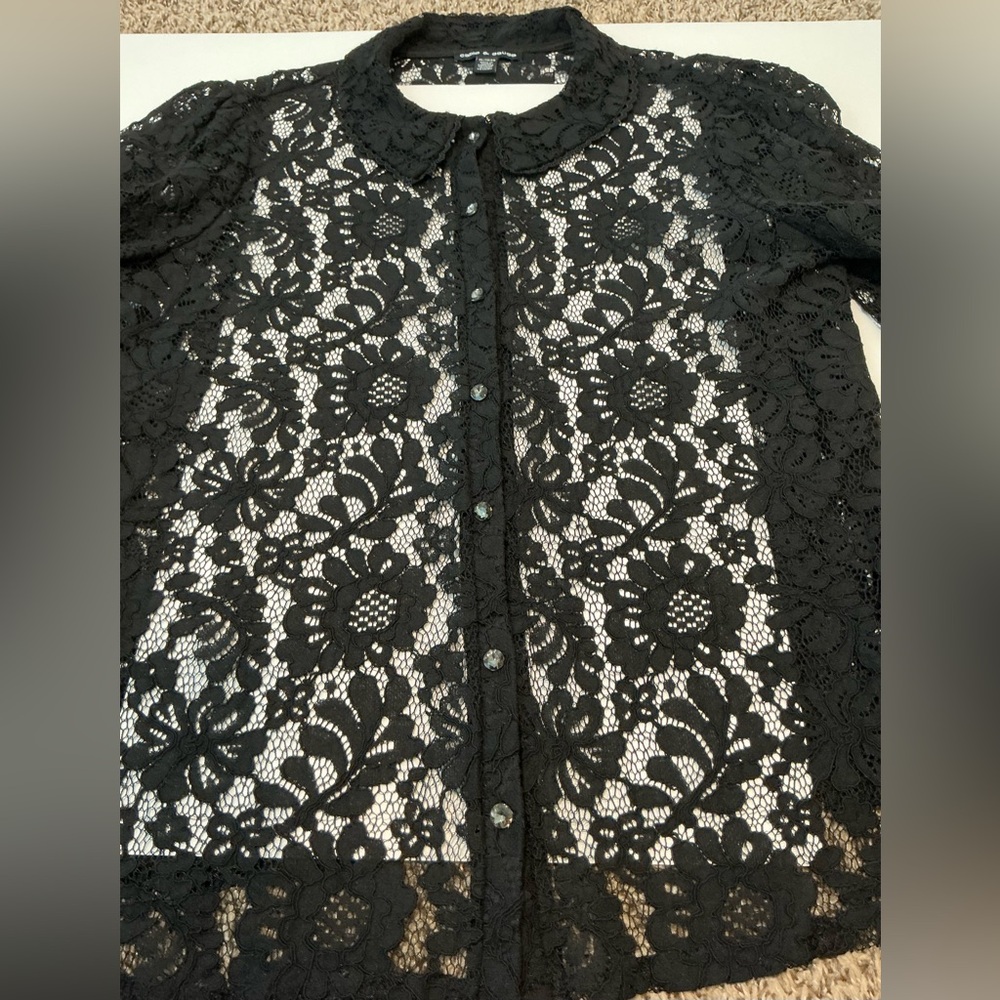 Cable & Gauge Long Sleeve All Lace Blouse. Rhinestone Front & Cuffs. Sz Large